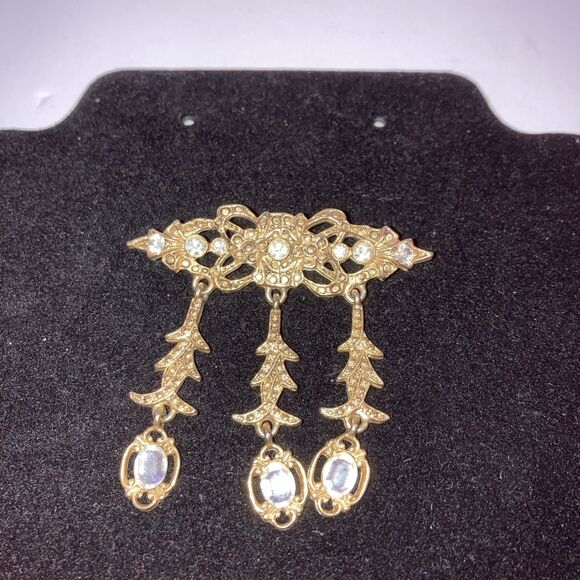 Vintage 1980s Gold Tone Jeweled Elegant Hair Women's Jewelry Dangle Brooch Pin - Picture 3 of 5